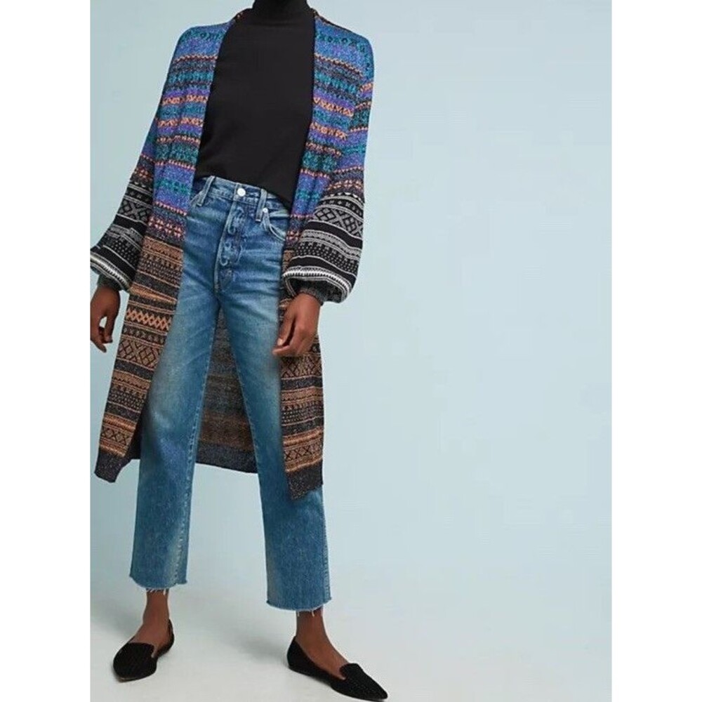 Nude Anthropologie Stripe Metallic Threaded Fair Isle Cardigan Multicolor Wool L